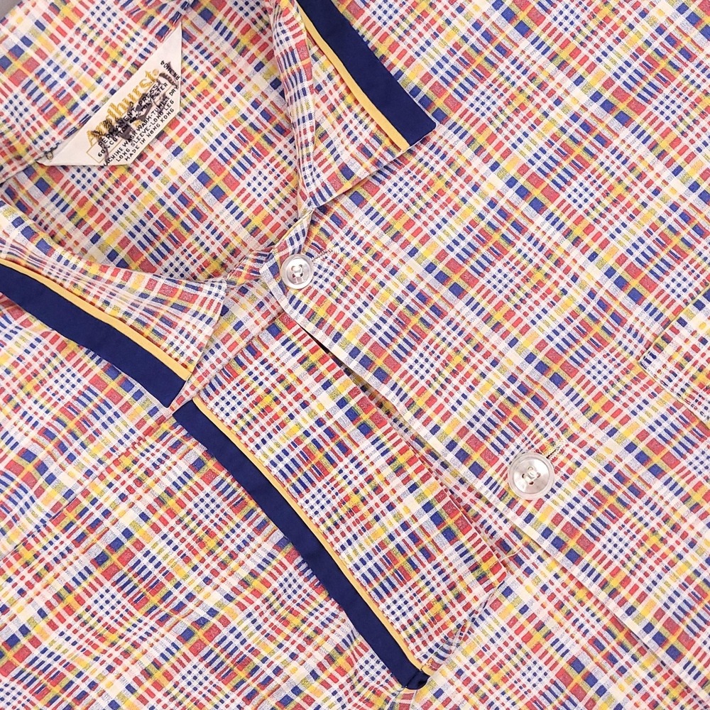 Vintage Amhurst Pajama Shirt Mens Large Multi Color Plaid‎ Notched Collar Piped